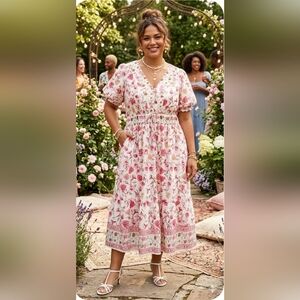 Coquette 2X Cottage Peasant Cotton Feminine Floral Romantic Pockets Maxi Dress